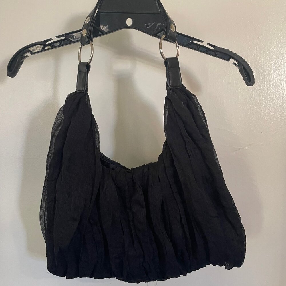 Chateau Black Hobo Bag w/ Gathered Ruffled Design & Black Strap w/ Metal Rings